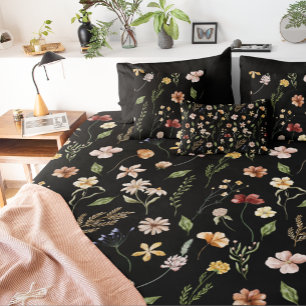 Watercolor Wildflower Black Botanical Duvet Cover