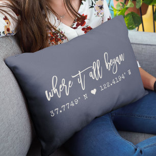 Where it all began Script Navy Blue Coordinates Lumbar Pillow