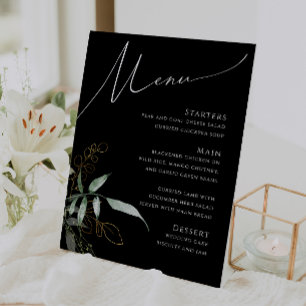 Whimsical Greenery and Gold   Black Wedding Menu Pedestal Sign