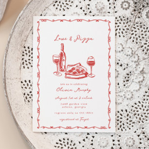 Whimsical Hand Drawn Pizza & Wine Bridal Shower Invitation