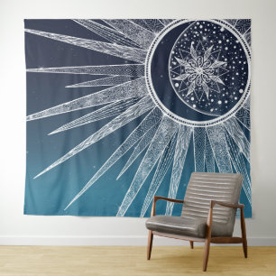 White Sun Moon Mandala Blue Gradient Design Tapestry