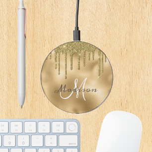 Yellow Gold Glitter Look drips Metallica Monogram Wireless Charger